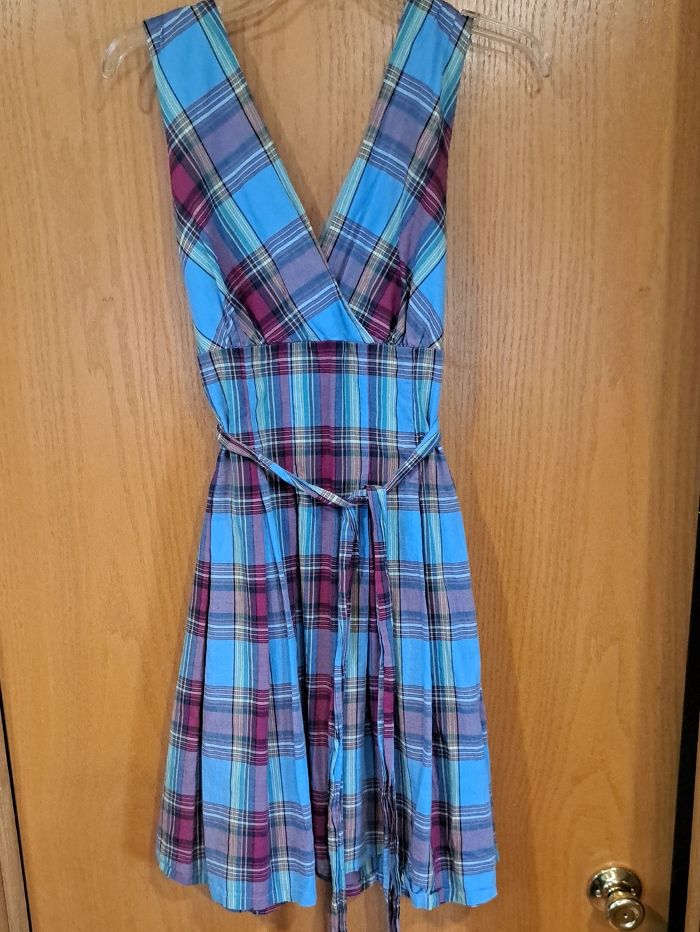 Blue and Purple Plaid V-Neck Sleeveless Dress 37 Inches 8